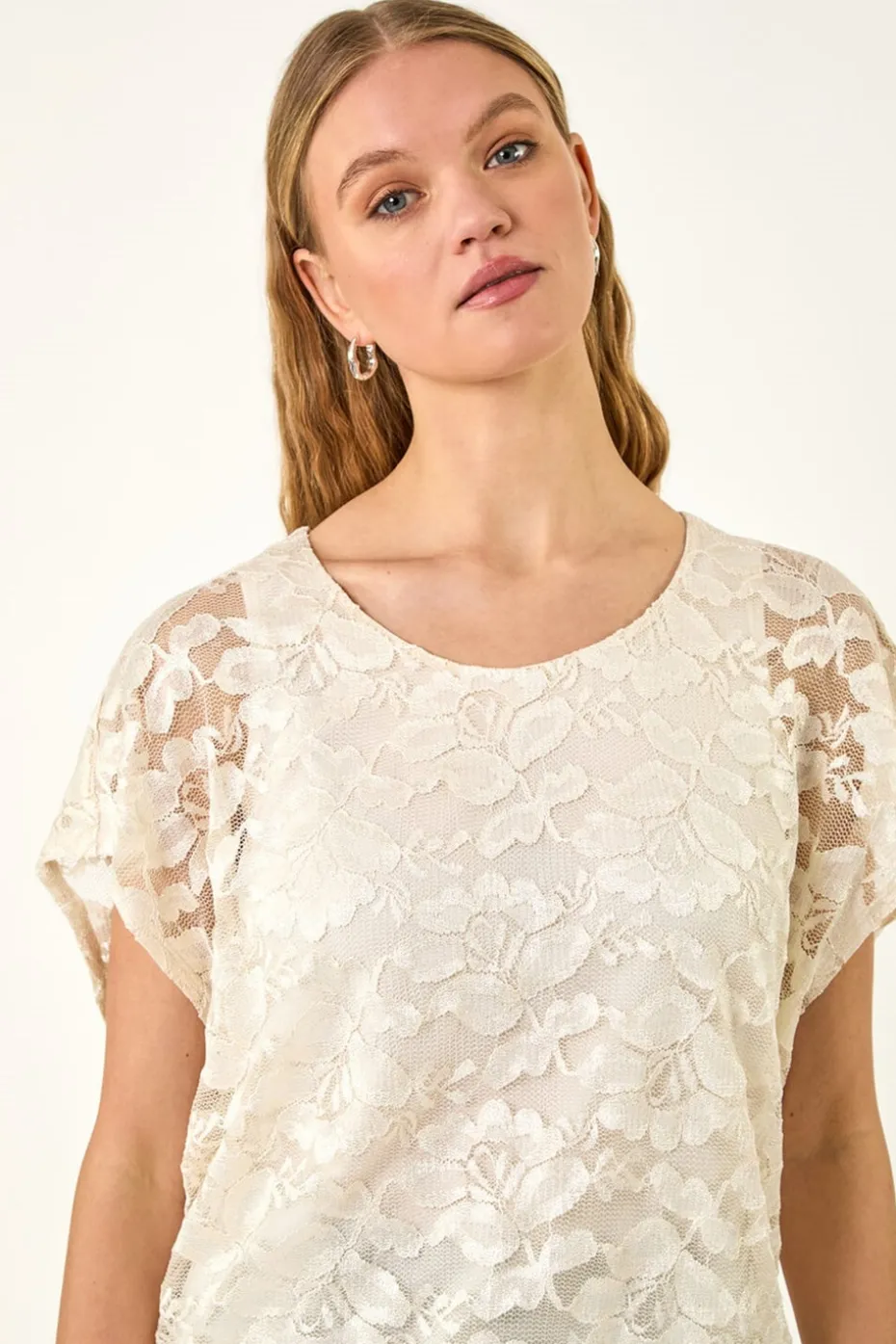 Roman Ivory Floral Lace Overlay Stretch Top