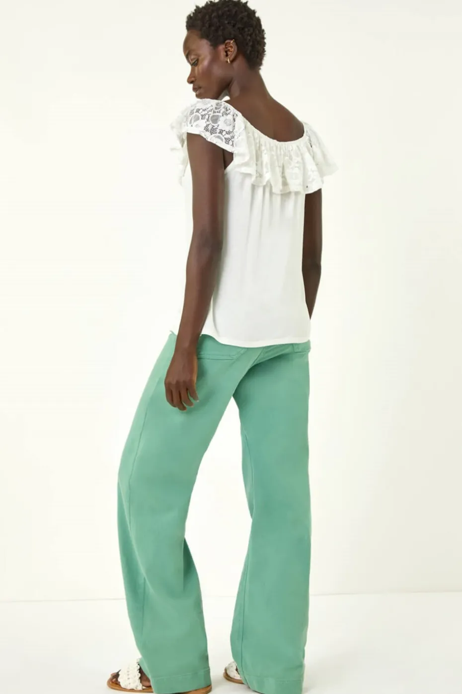 Roman Ivory Lace Trim Bardot Top