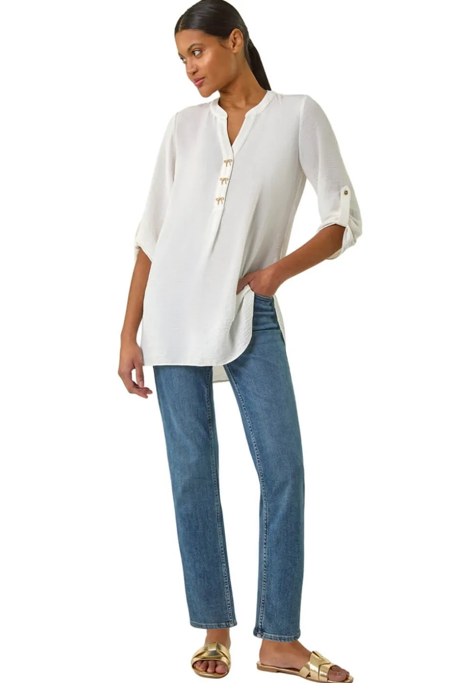 Roman Ivory Longline Bow Button Top
