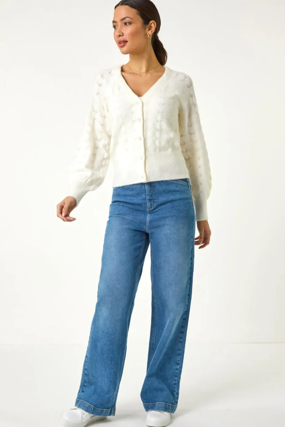 Roman Ivory Pointelle Detail Knit Cardigan