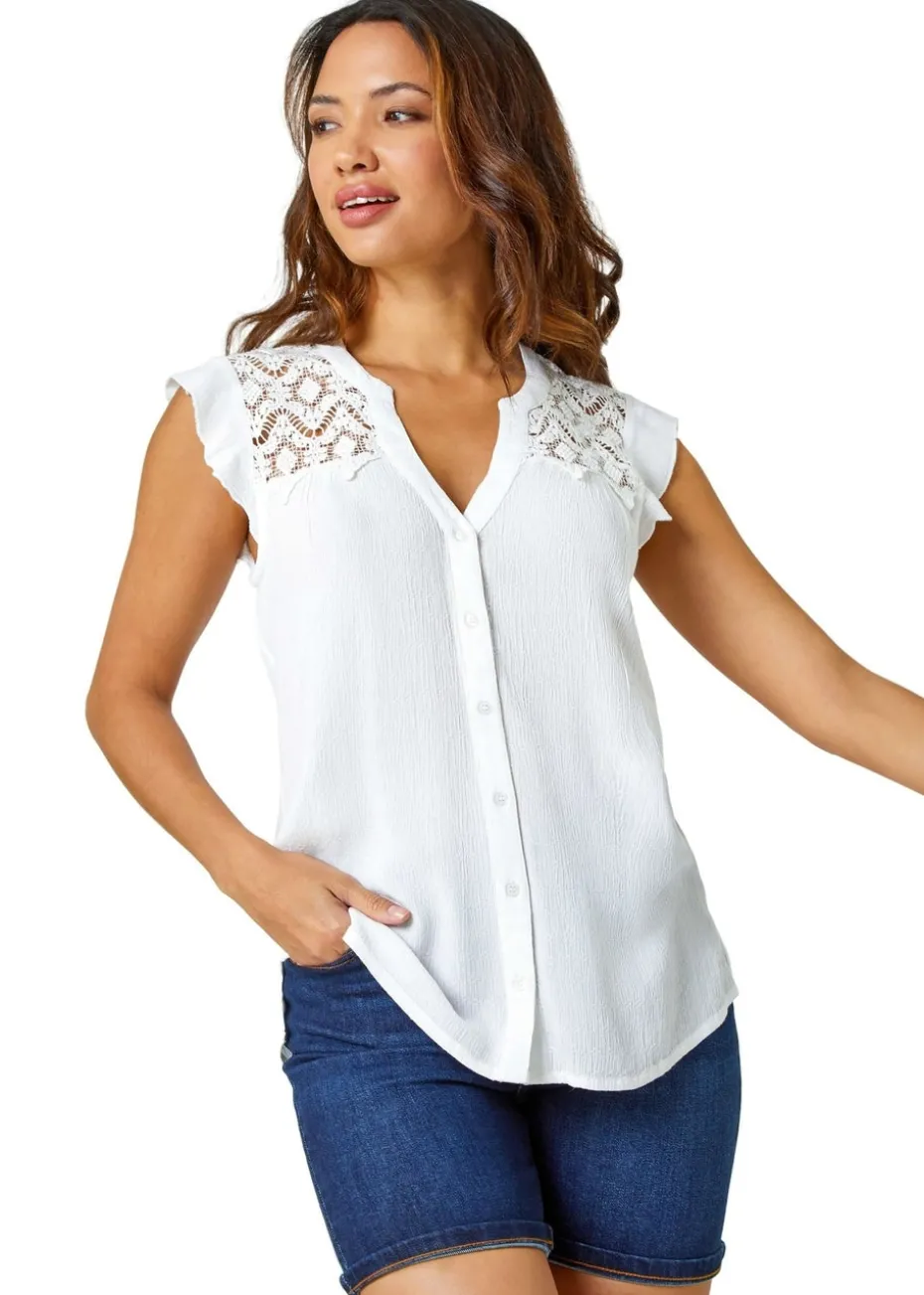 Roman Ivory Sleeveless Lace Detail Blouse