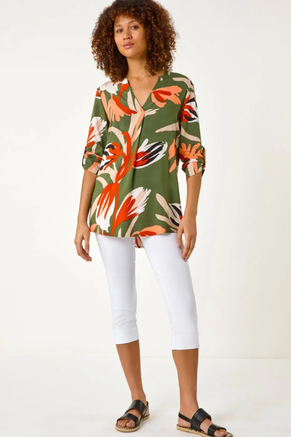 Roman Khaki Abstract Print Pleat Detail Top