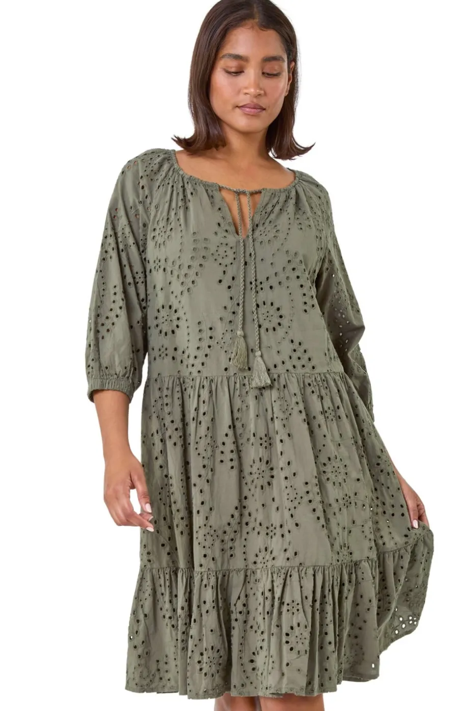 Roman Khaki Cotton Broderie Tiered Smock Dress