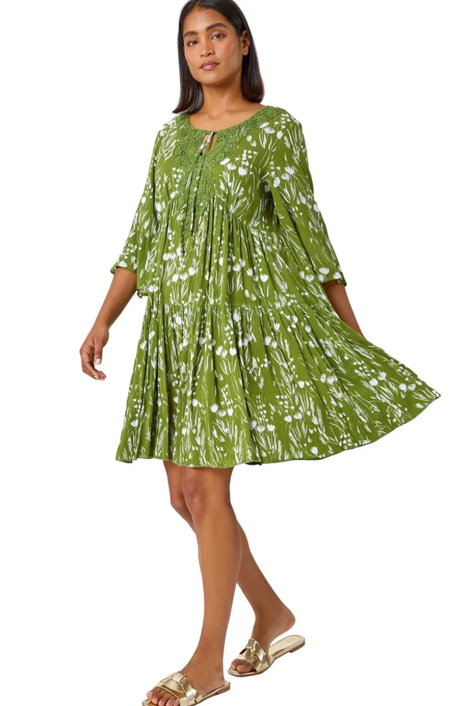 Roman Khaki Floral Print Lace Detail Smock Dress