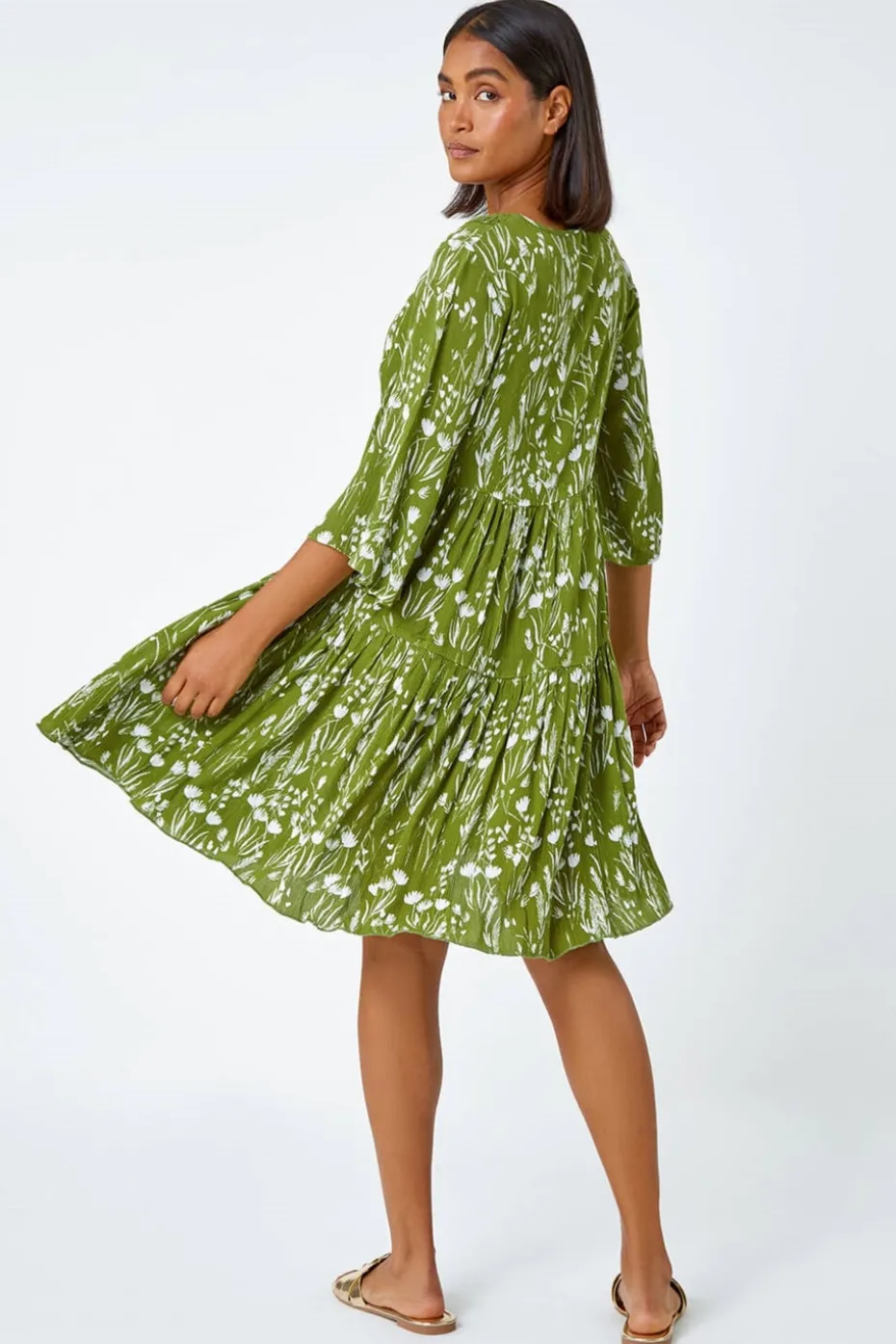 Roman Khaki Floral Print Lace Detail Smock Dress