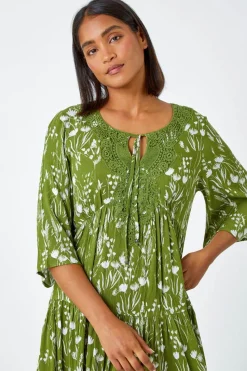 Roman Khaki Floral Print Lace Detail Smock Dress