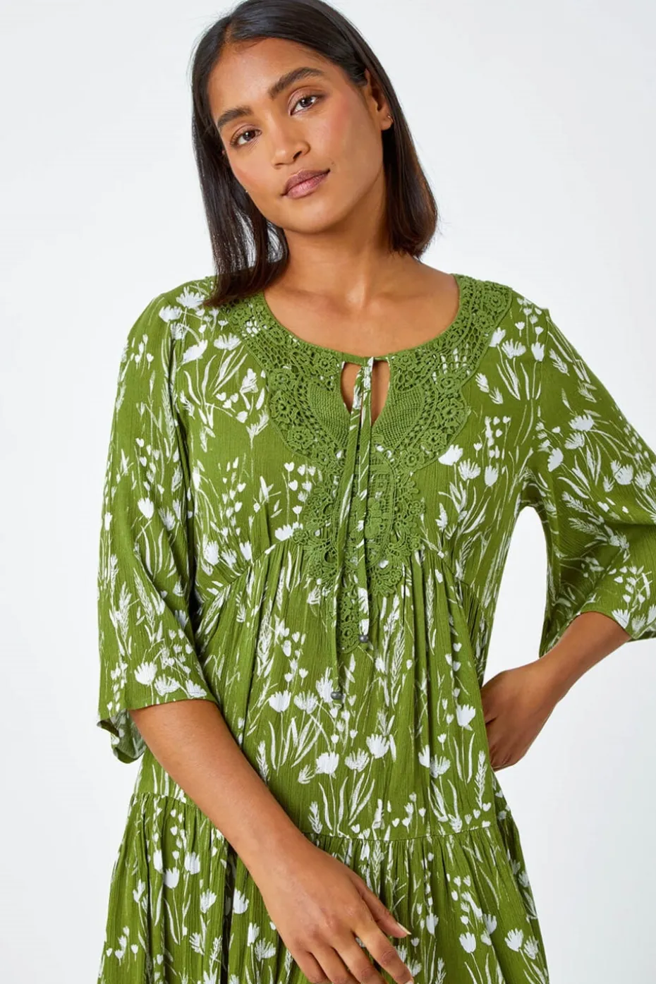 Roman Khaki Floral Print Lace Detail Smock Dress