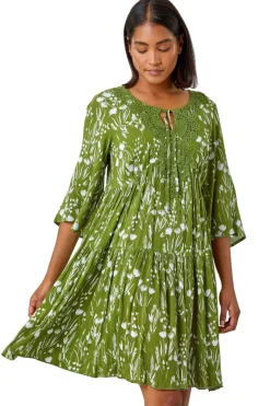 Roman Khaki Floral Print Lace Detail Smock Dress