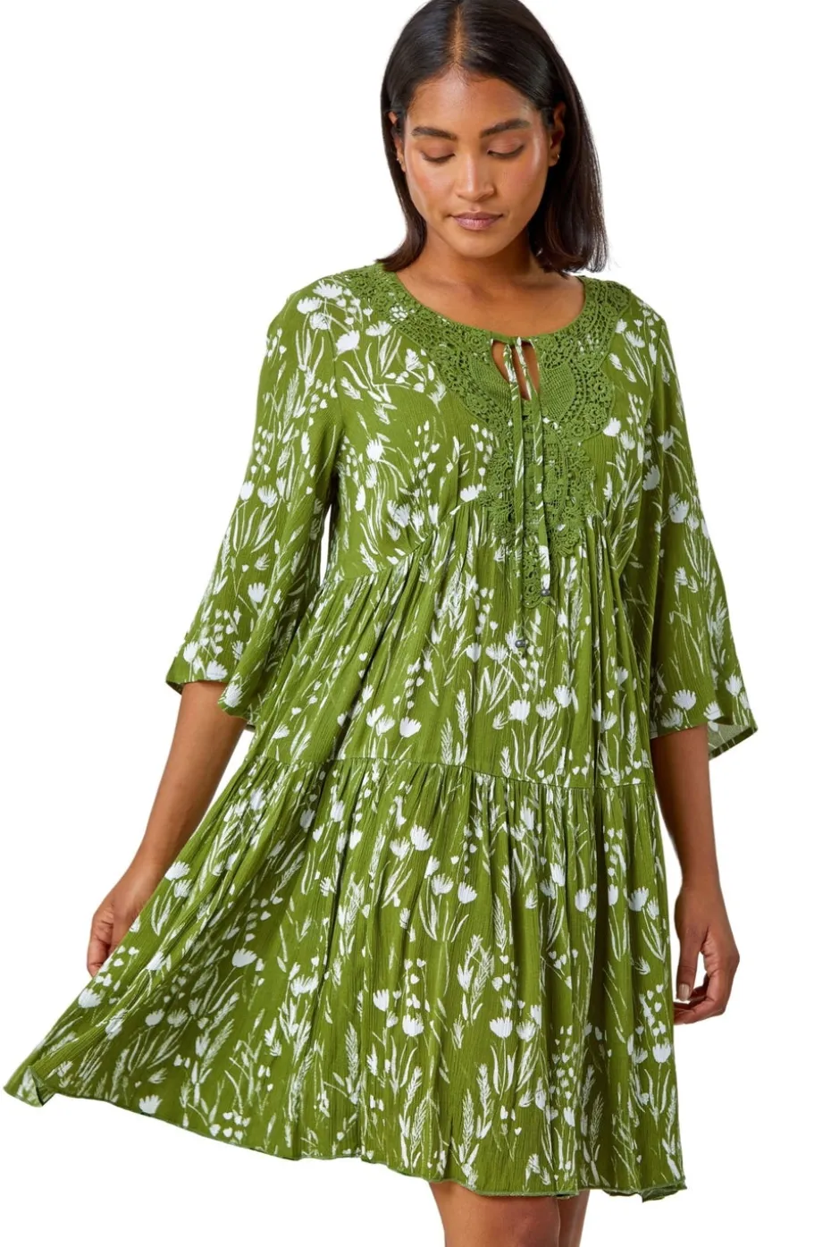 Roman Khaki Floral Print Lace Detail Smock Dress