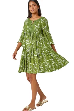 Roman Khaki Floral Print Lace Detail Smock Dress