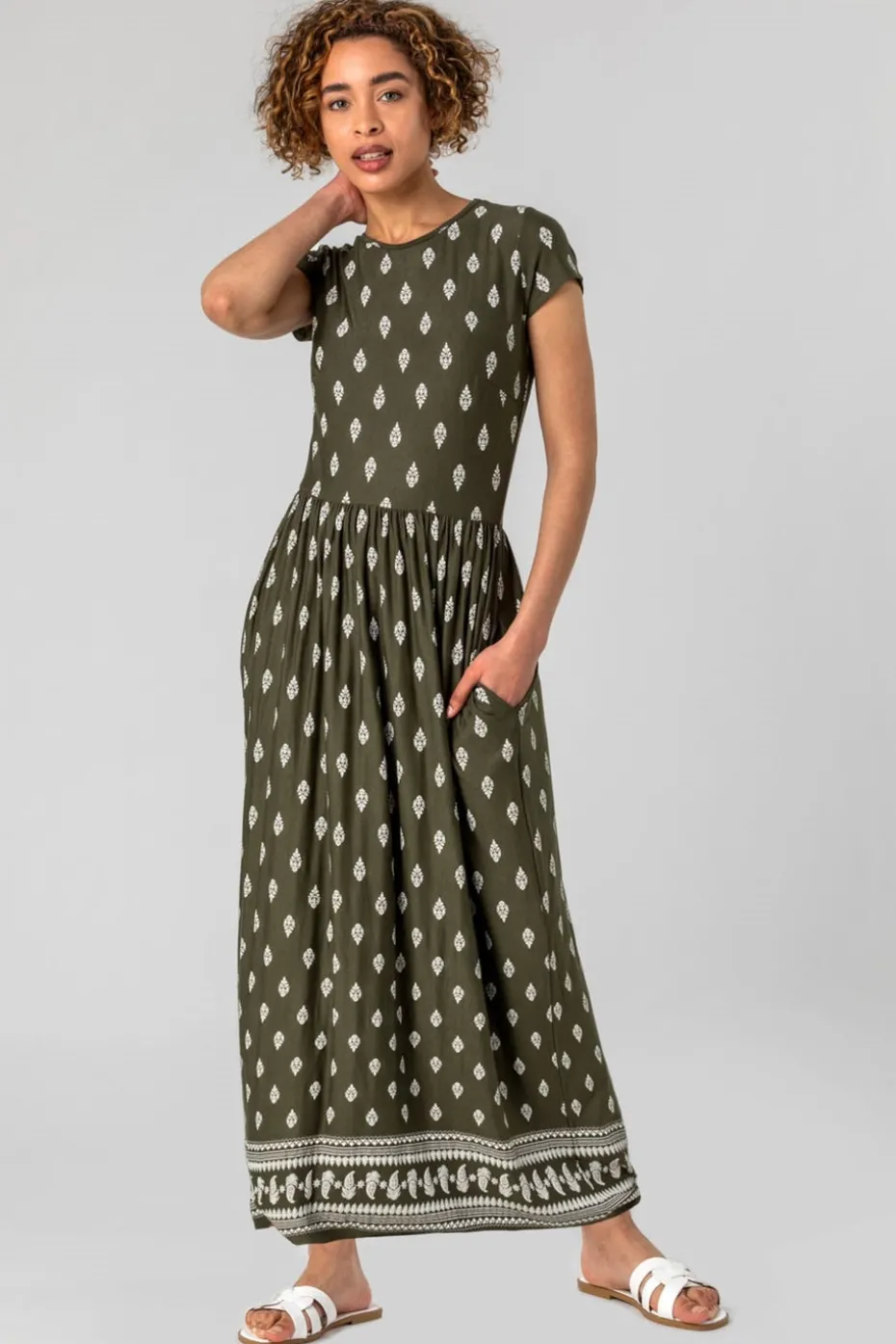 Roman Khaki Paisley Border Print Maxi Dress