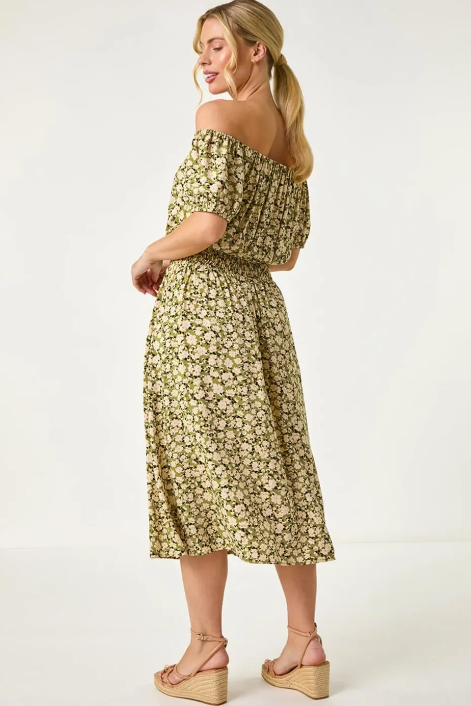 Roman Khaki Petite Ditsy Print Bardot Midi Dress