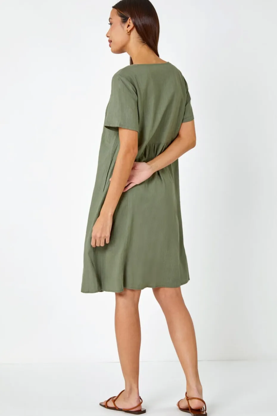 Roman Khaki Relaxed Cotton Blend Pocket Dress