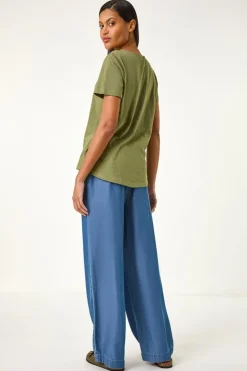 Roman Khaki Sequin Trim V Neck Stretch Top