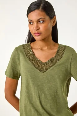 Roman Khaki Sequin Trim V Neck Stretch Top