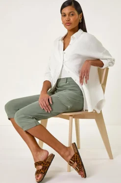 Roman Khaki Turn Up Stretch Cropped Cargo Trousers