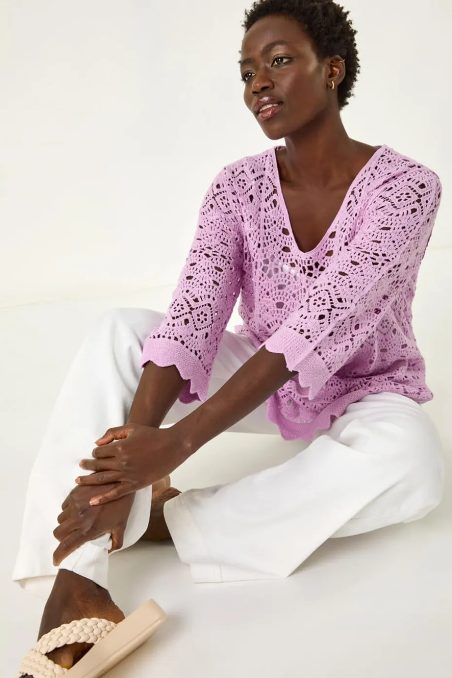 Roman Lavender Crochet Scallop Edge Knit Tunic