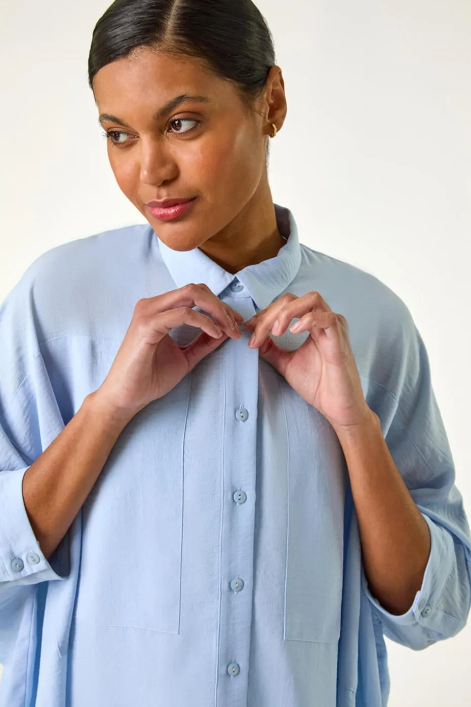 Roman Light Blue Boxy Relaxed Button Blouse