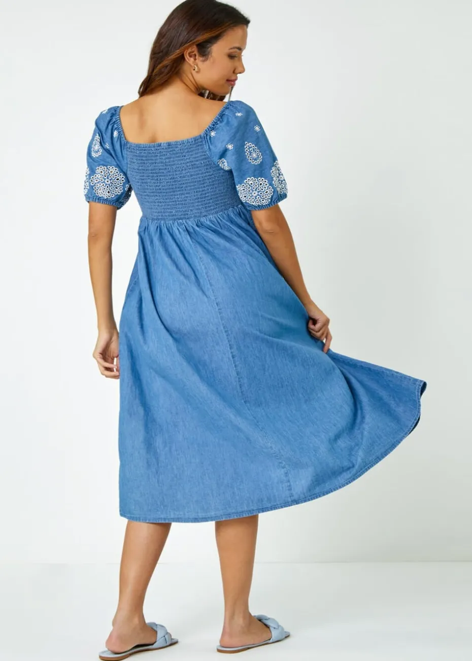 Roman Light Denim Cotton Embroidered Denim Midi Dress