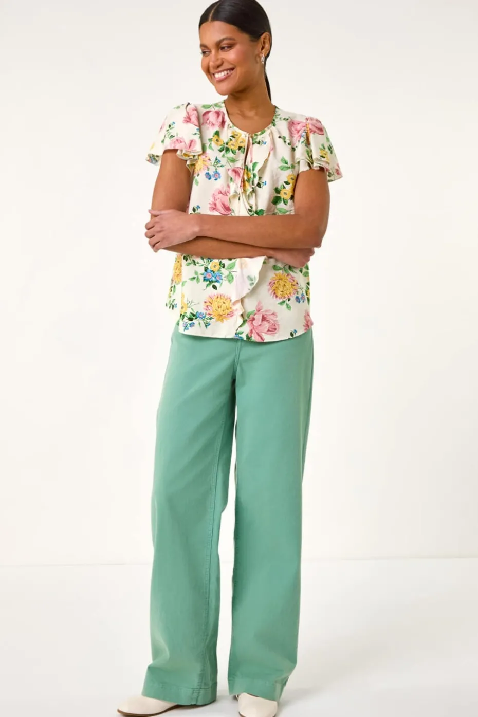 Roman Light Pink Floral Tie Front Frill Top