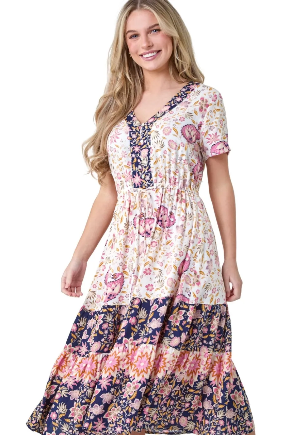 Roman Light Pink Petite Floral Border Print Midi Dress
