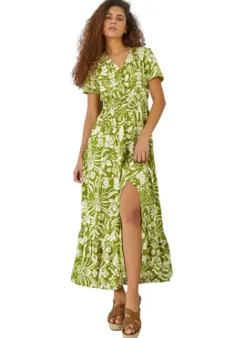 Roman Lime Floral Print Button Detail Maxi Dress
