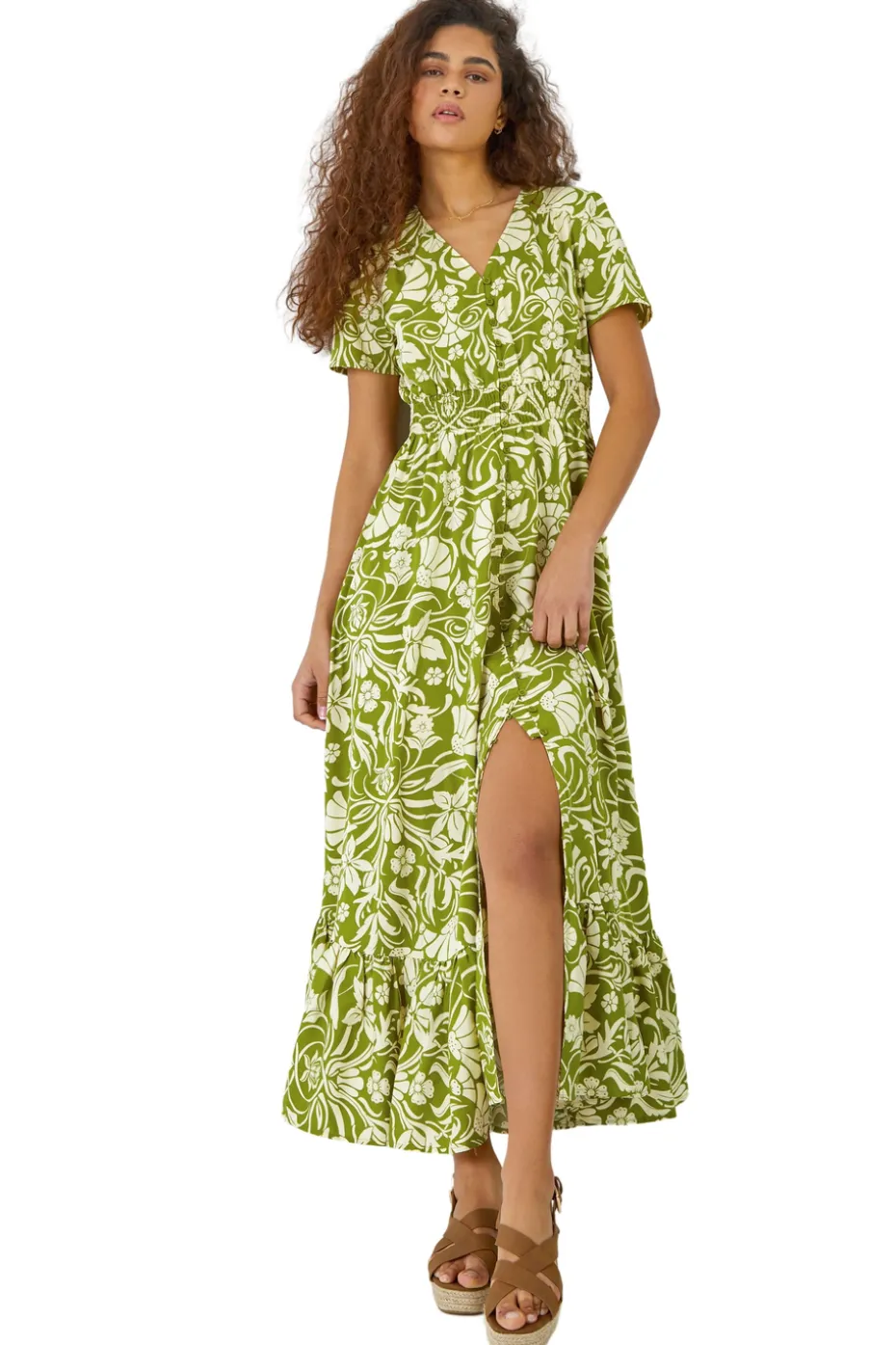 Roman Lime Floral Print Button Detail Maxi Dress