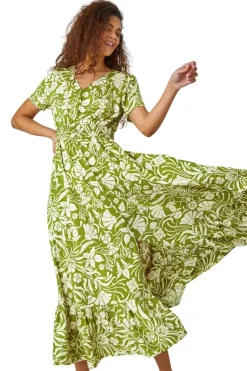 Roman Lime Floral Print Button Detail Maxi Dress