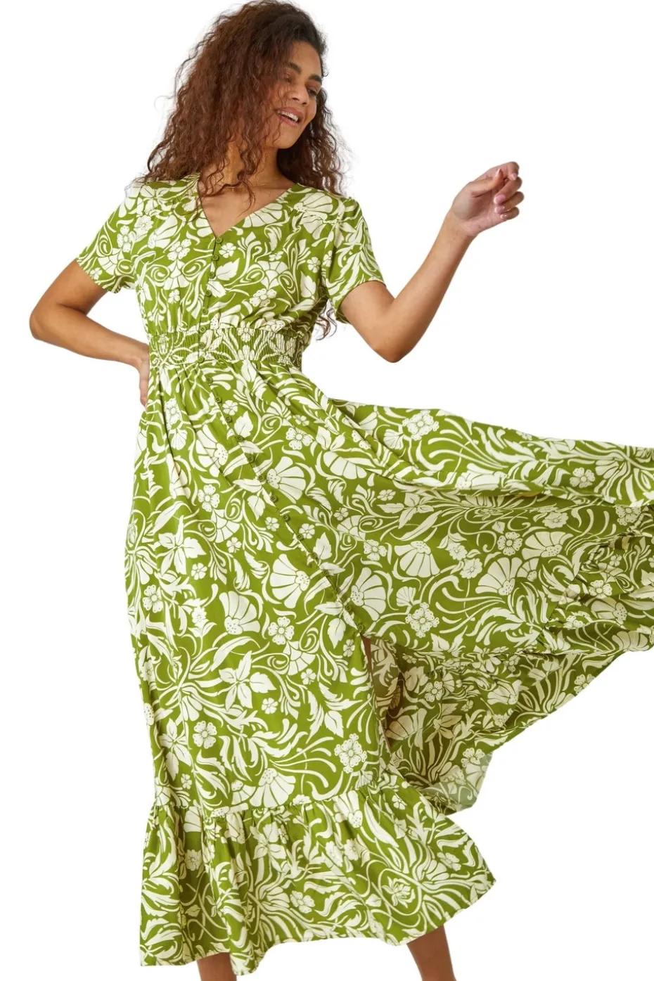 Roman Lime Floral Print Button Detail Maxi Dress