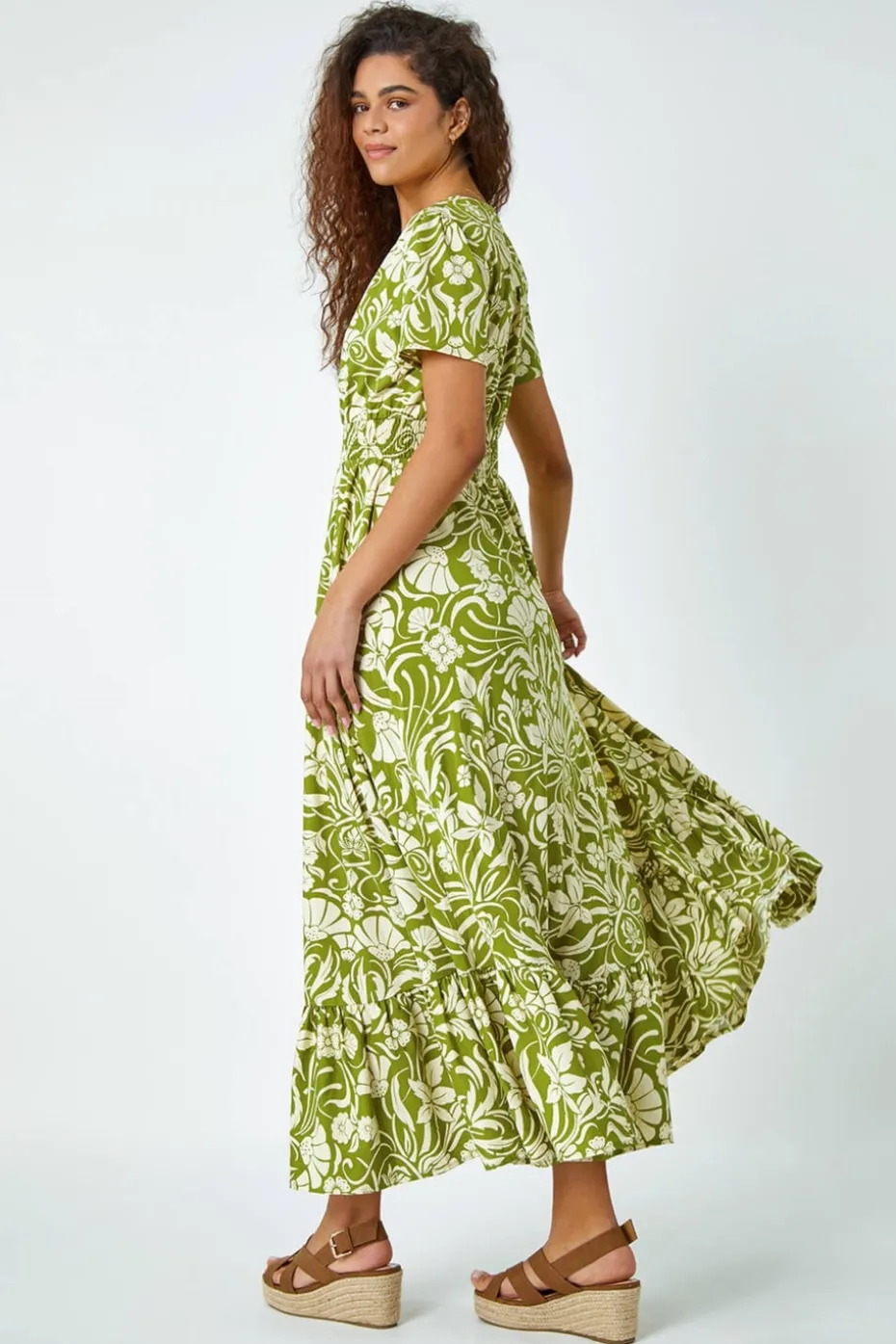 Roman Lime Floral Print Button Detail Maxi Dress
