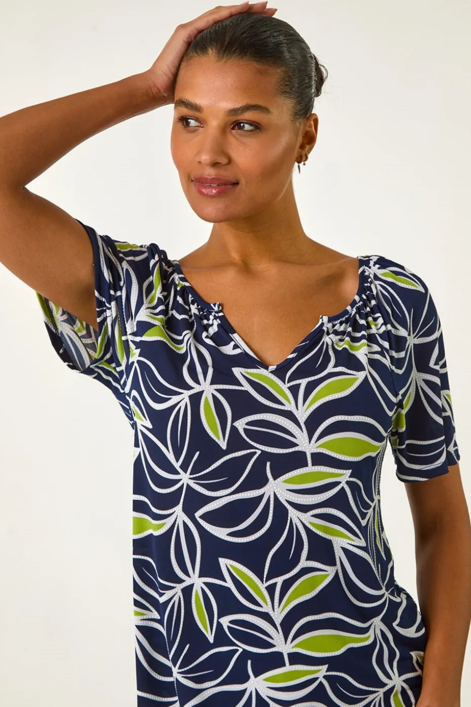 Roman Lime Textured Leaf Print V-Neck Stretch Top