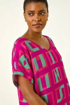 Roman Magenta Geometric Print V-Neck Top