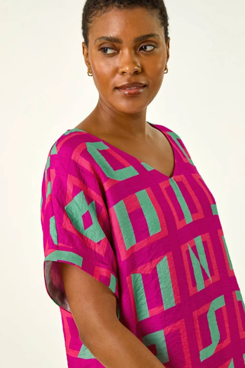 Roman Magenta Geometric Print V-Neck Top