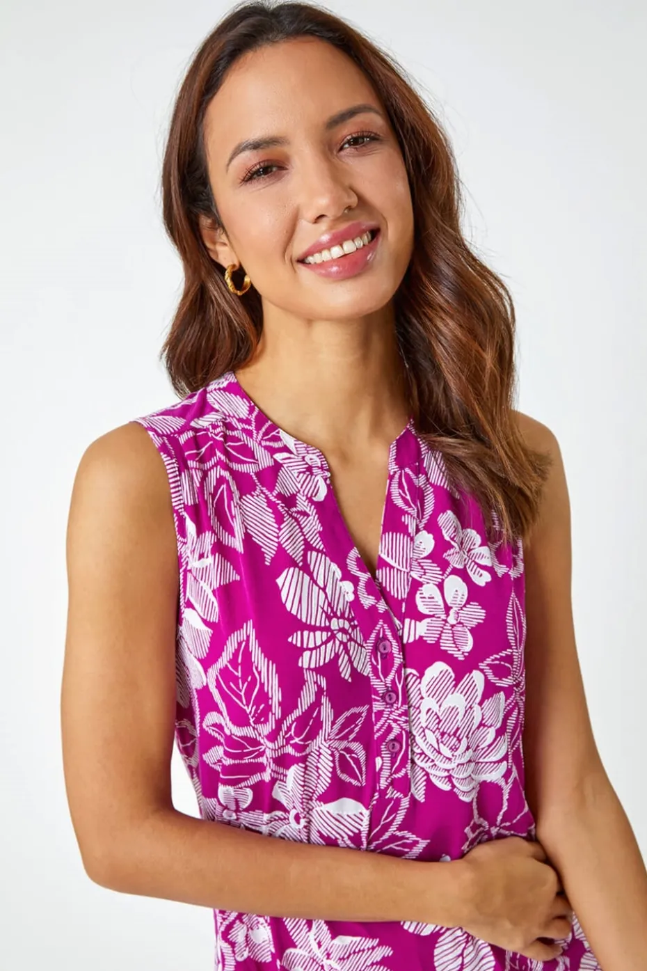 Roman Magenta Textured Floral Print Sleeveless Top