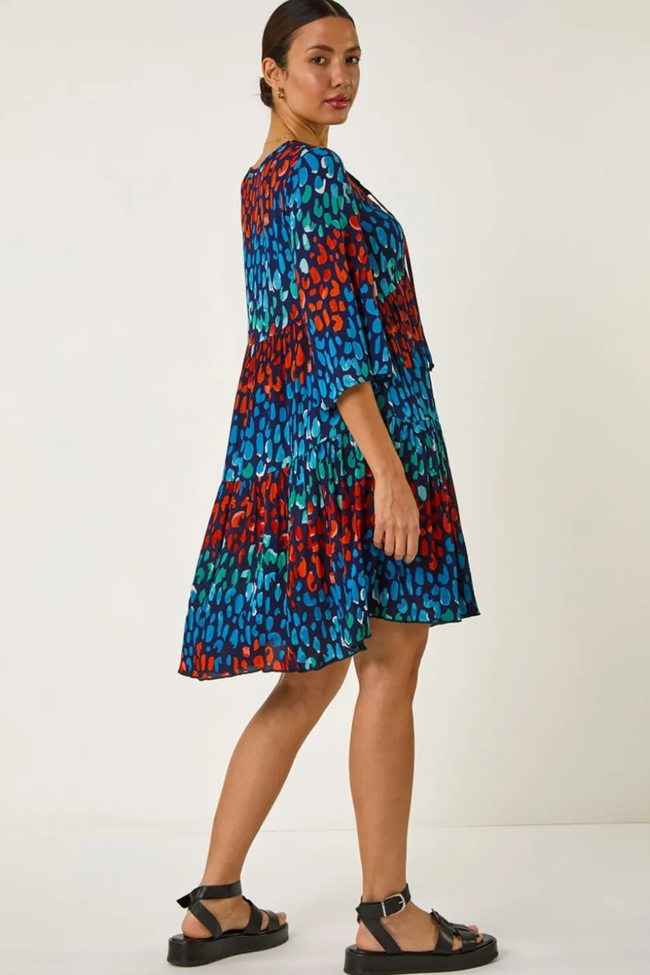 Roman Navy Abstract Spot Print Lace Trim Dress