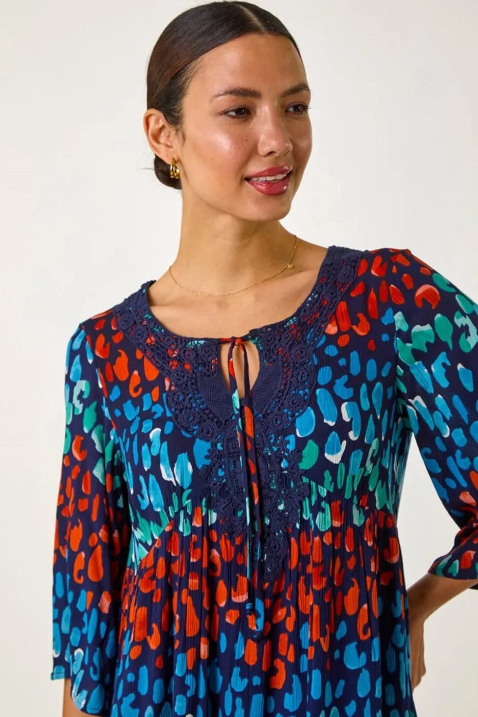 Roman Navy Abstract Spot Print Lace Trim Dress