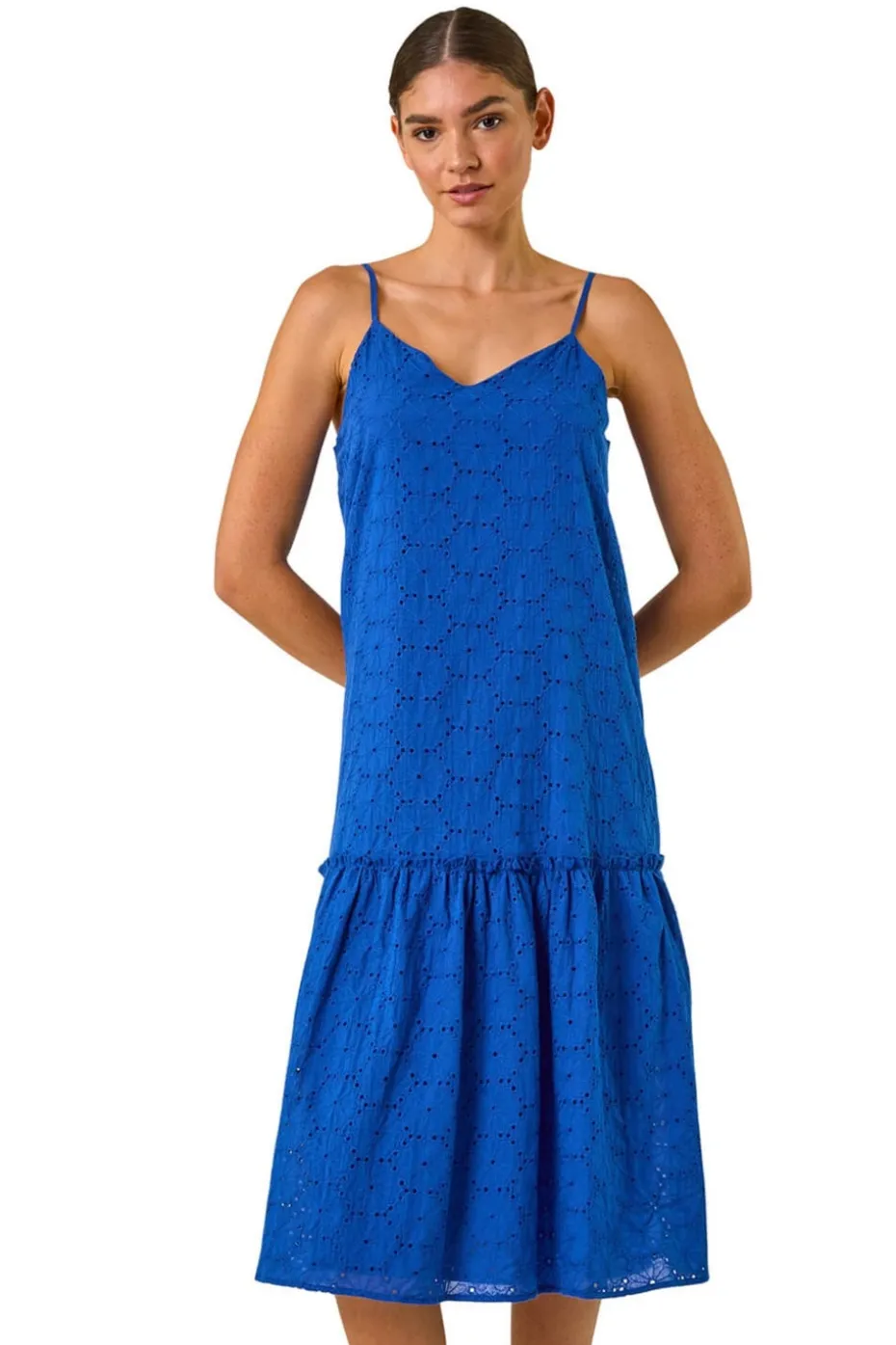 Roman Navy Broderie Frill Tiered Midi Dress