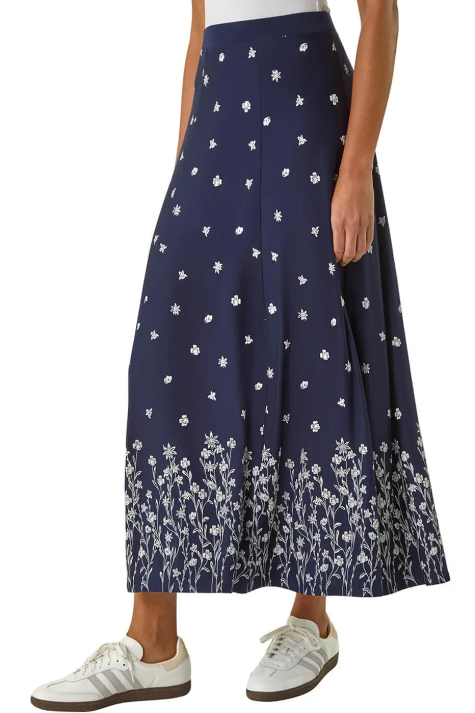 Roman Navy Floral Border Print Stretch Skirt