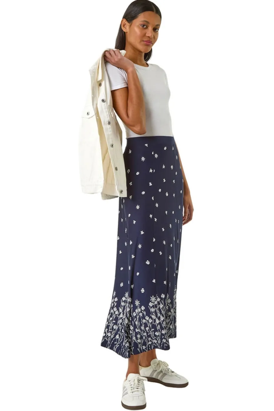 Roman Navy Floral Border Print Stretch Skirt