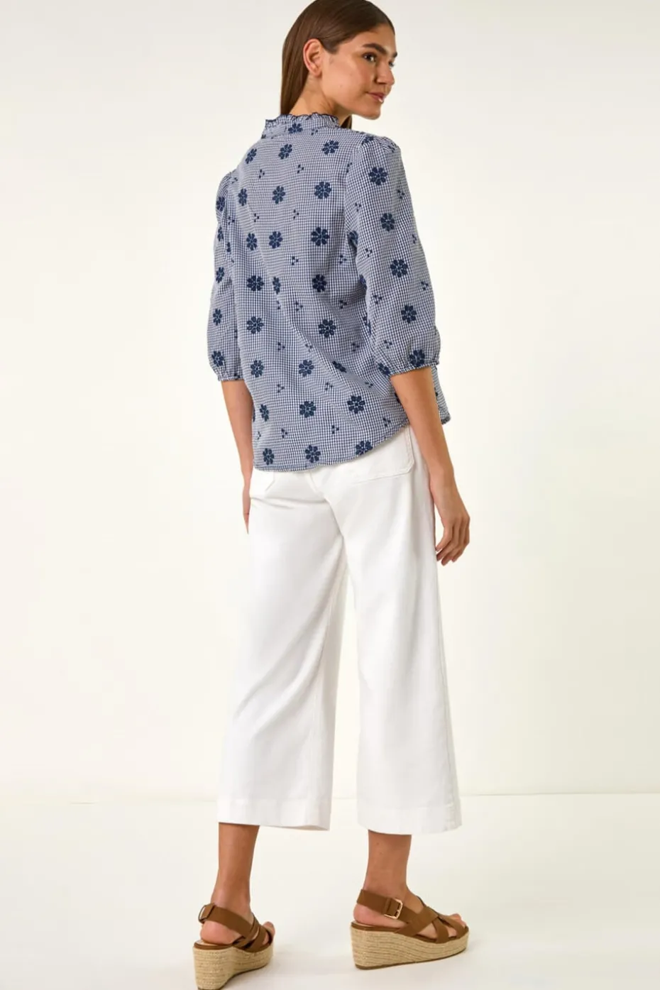 Roman Navy Floral Embroidered V Neck Blouse