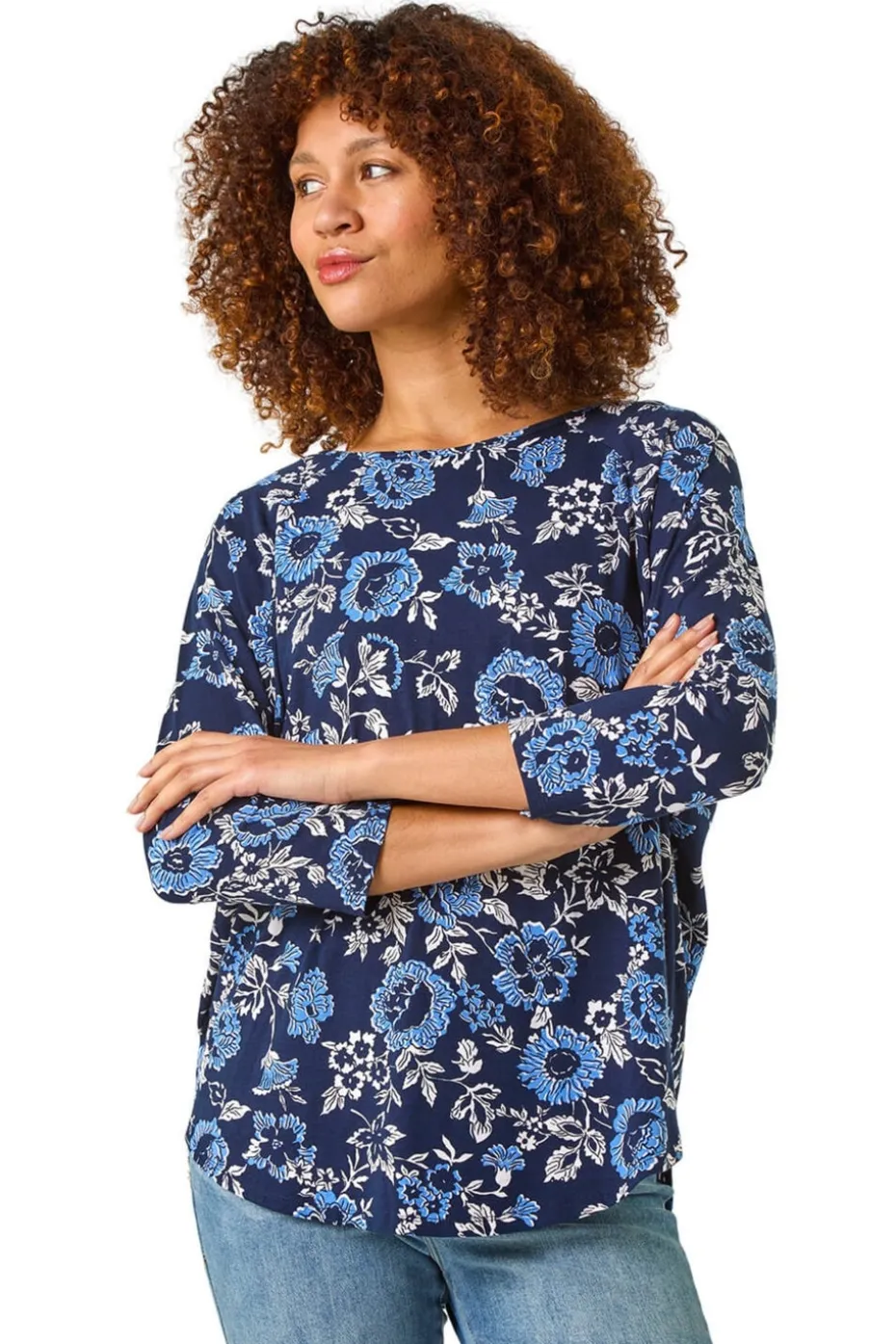 Roman Navy Floral Print Jersey Top