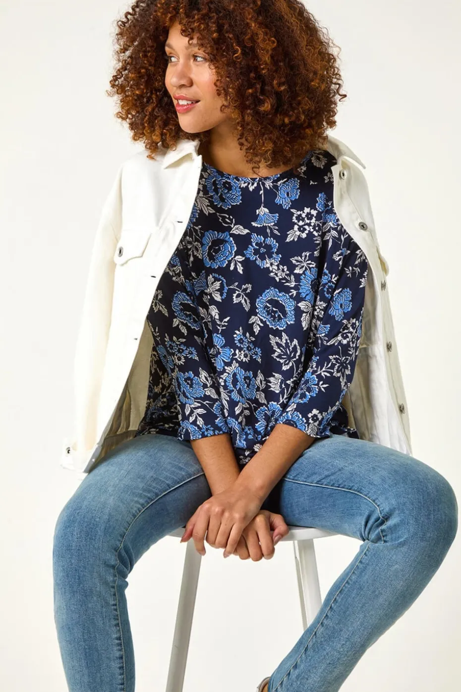 Roman Navy Floral Print Jersey Top