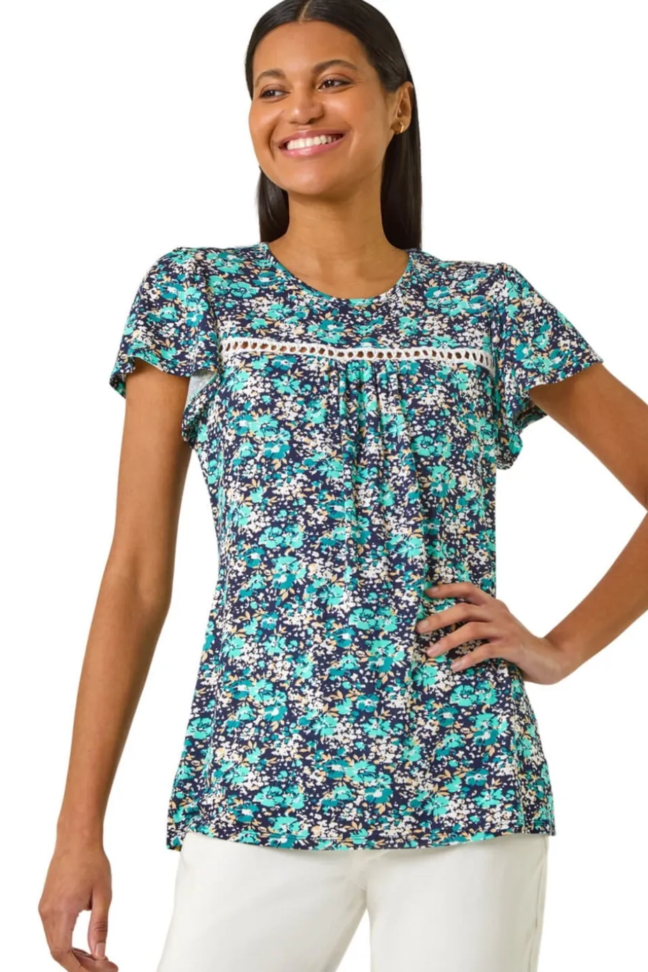 Roman Navy Floral Print Ladder Trim Stretch Top