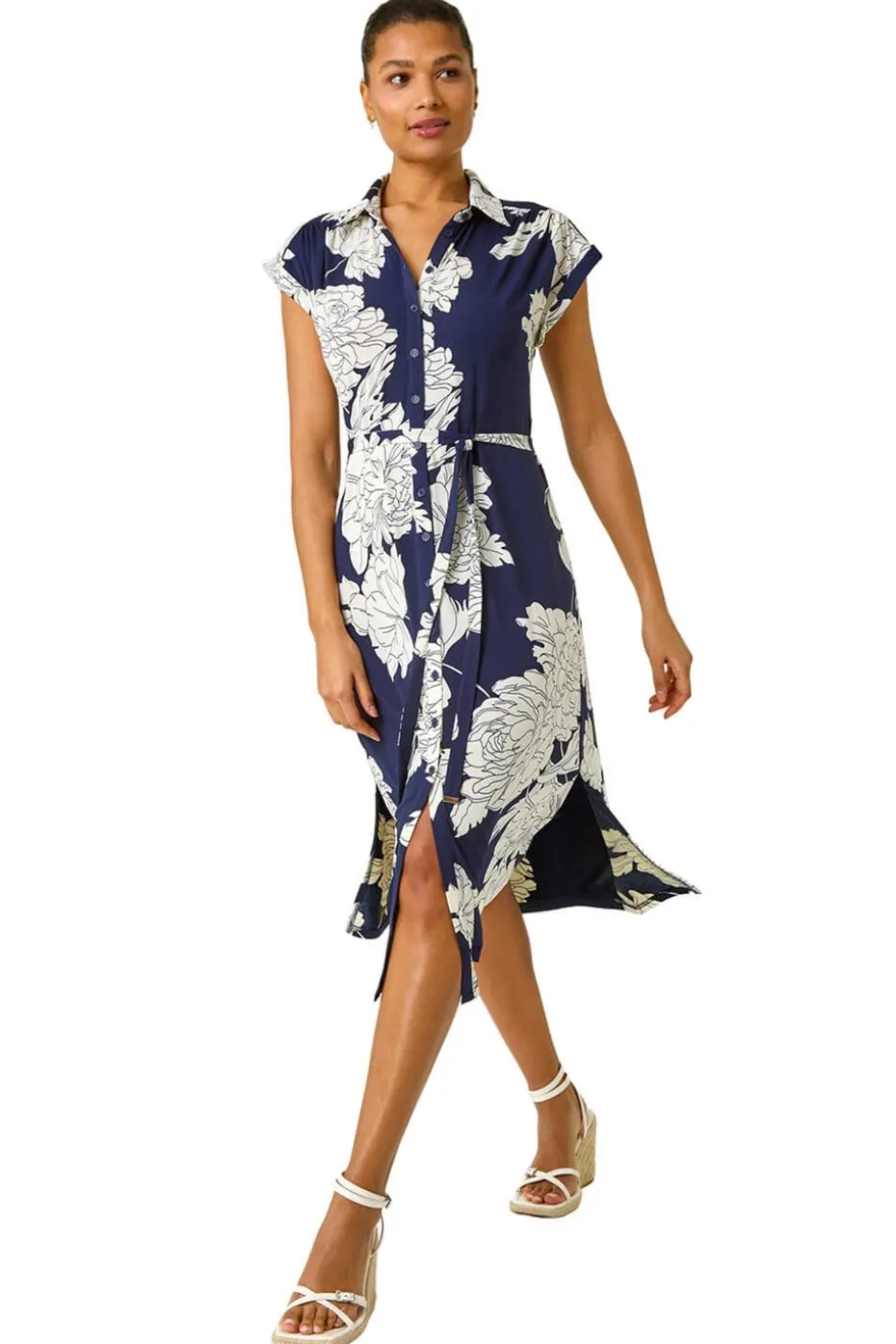 Roman Navy Floral Print Stretch Shirt Dress