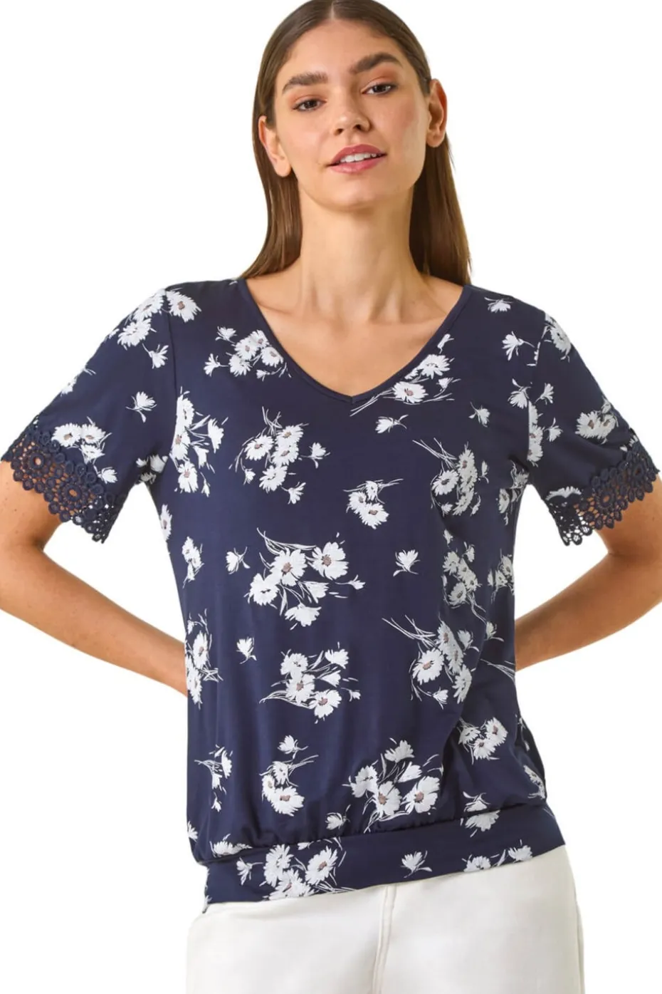 Roman Navy Floral Print V-Neck Lace Stretch Top