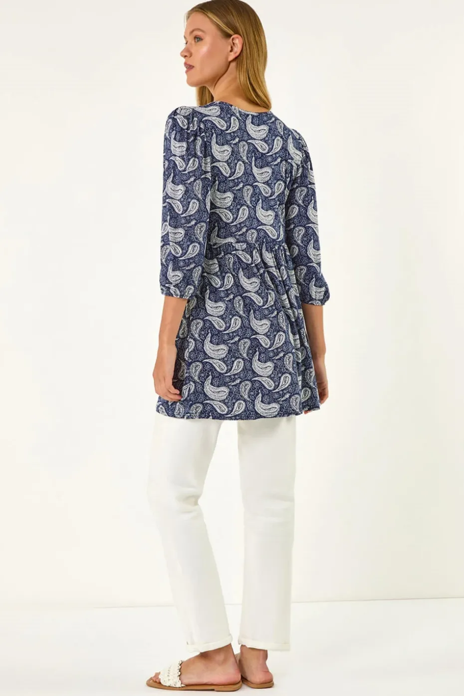 Roman Navy Paisley Print V Neck Stretch Top