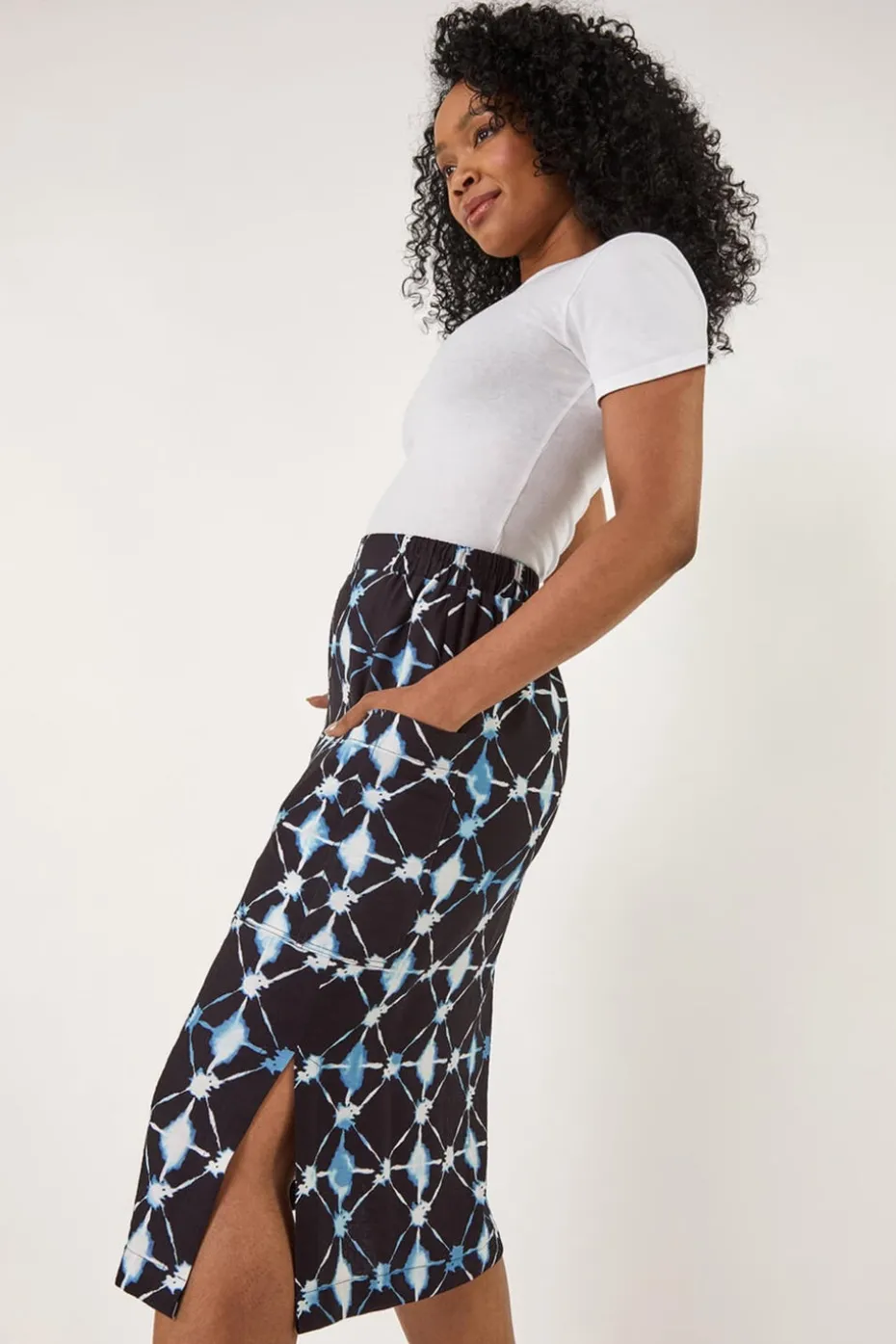 Roman Navy Petite Geometric Midi Skirt