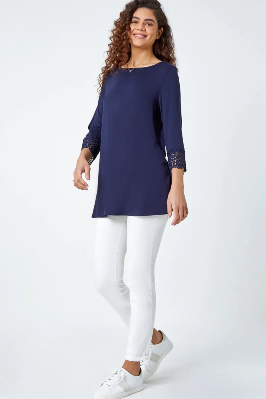 Roman Navy Plain Lace Trim Stretch Top