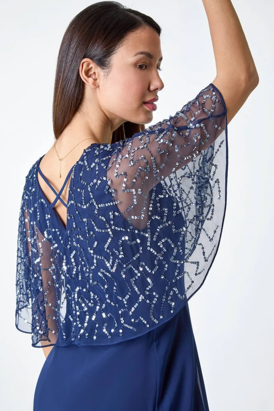 Roman Navy Sequin Embellished Maxi Wrap Dress
