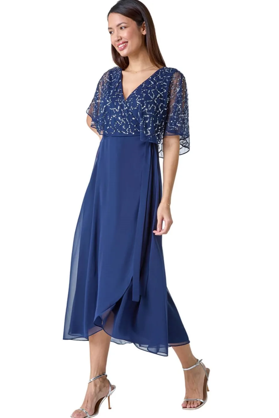 Roman Navy Sequin Embellished Maxi Wrap Dress